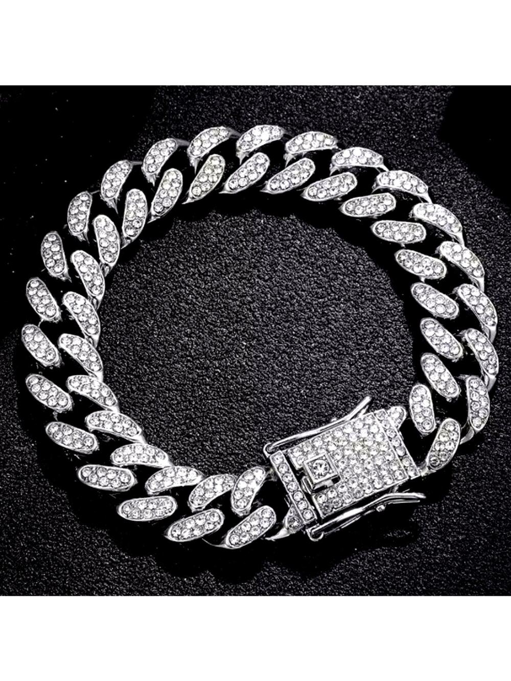 Silver Plated Bracelet 10 mm. x 8 in. CZ Diamond Men's Vtg Fashion Birthday Gift